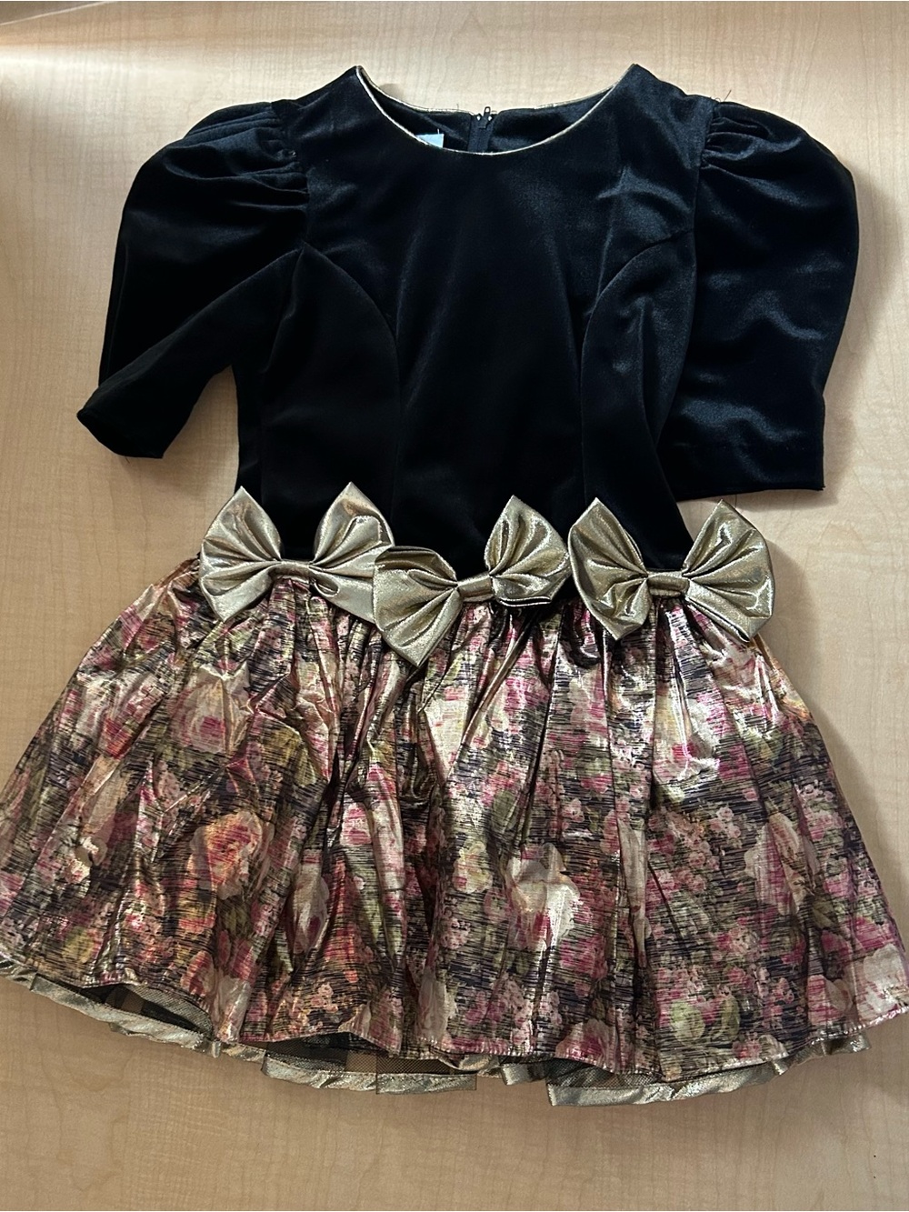 VTG 80s 90s Amy Too Girls Velvet Metallic Gold Bow Holiday Party Dress Size 7